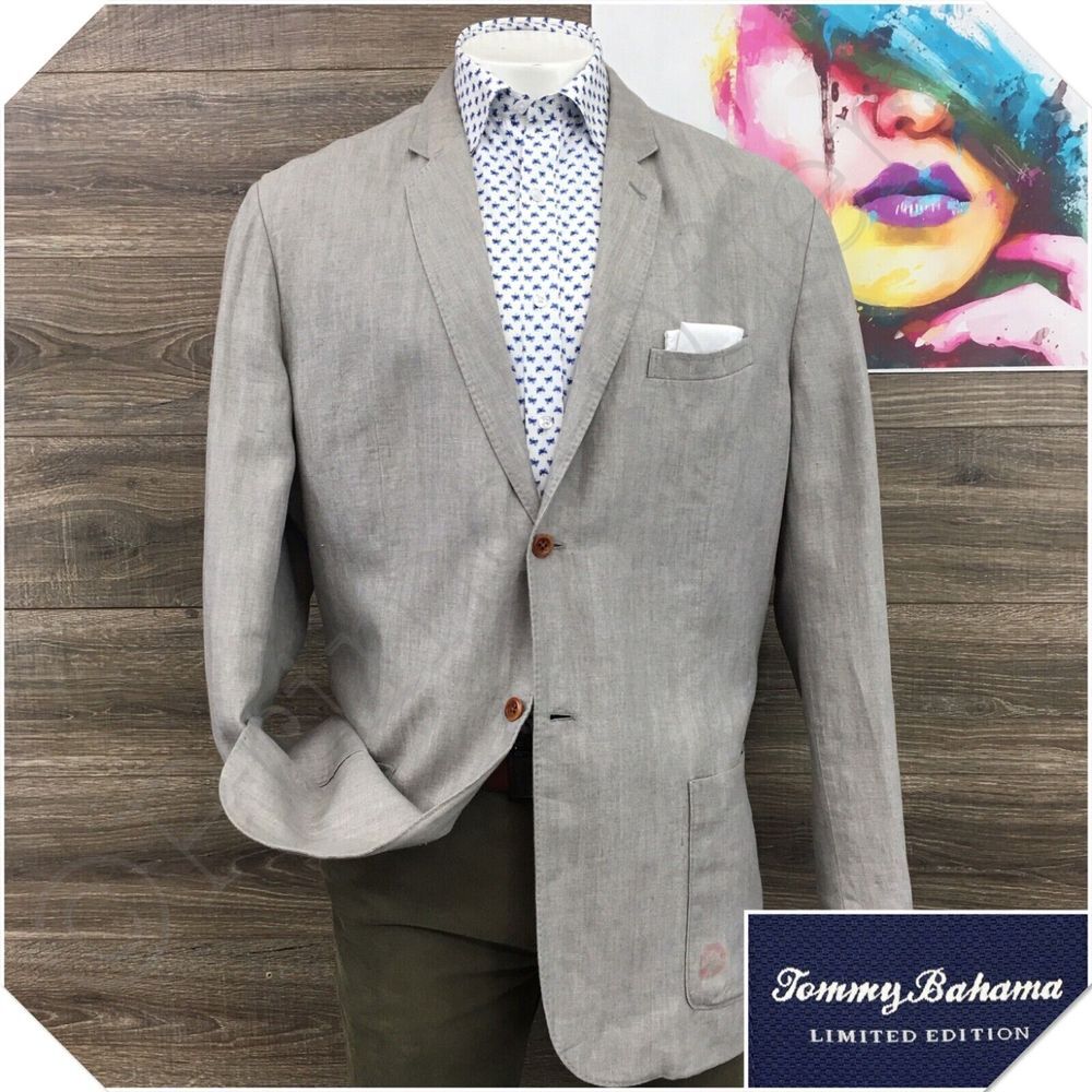 TOMMY‎ BAHAMA Mens Blazer Sport Coat Casual Jacket Size 52L Linen Suit (STAIN)